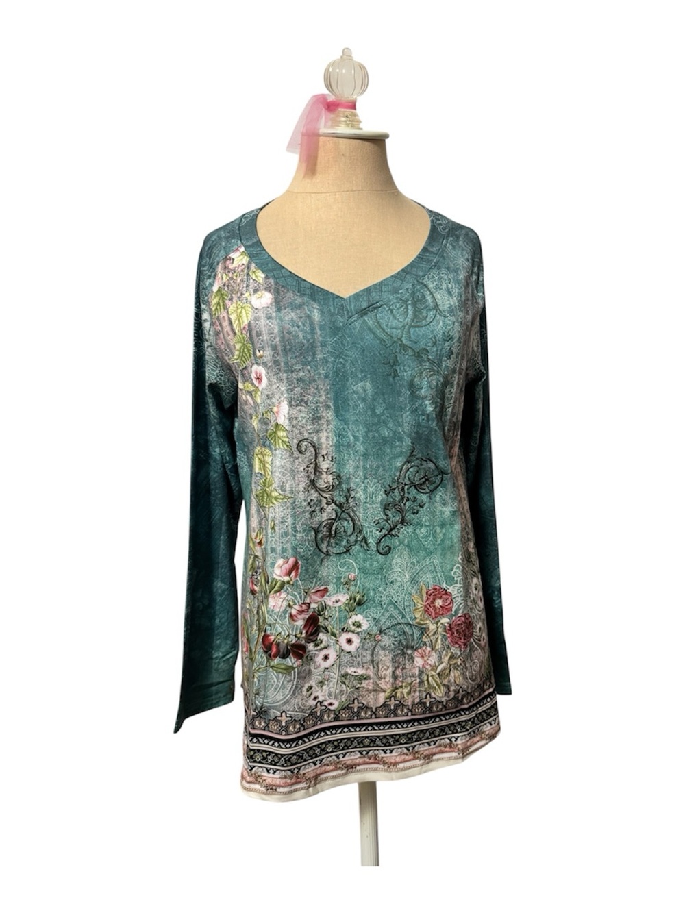 Floral V-Neck Long Sleeve Top in Teal